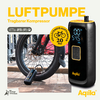 Person pumpt Fahrradreifen mit einer schwarzen Luftpumpe