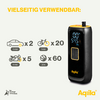 Schwarzes elektronisches Gerät mit Display und goldfarbenem Schriftzug, daneben verschiedene Symbole und Zahlen