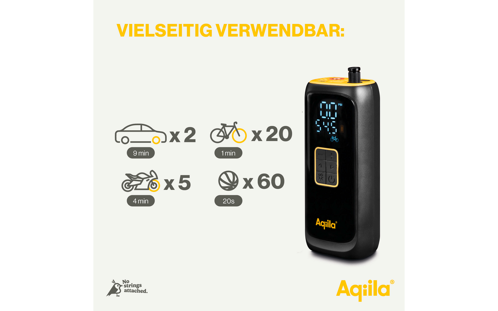 Schwarzes elektronisches Gerät mit Display und goldfarbenem Schriftzug, daneben verschiedene Symbole und Zahlen