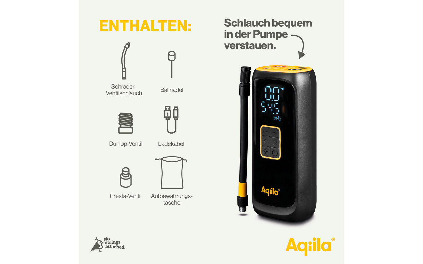 Schwarzes elektronisches Gerät mit Display und zwei schwarzen Ohrstöpseln, Ladetasche und USB-Kabel