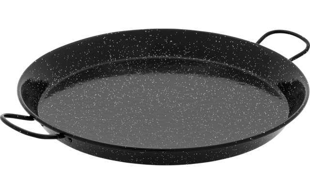 Flache runde schwarze Pfanne mit weiß gesprenkelter Oberfläche und zwei seitlichen Griffen