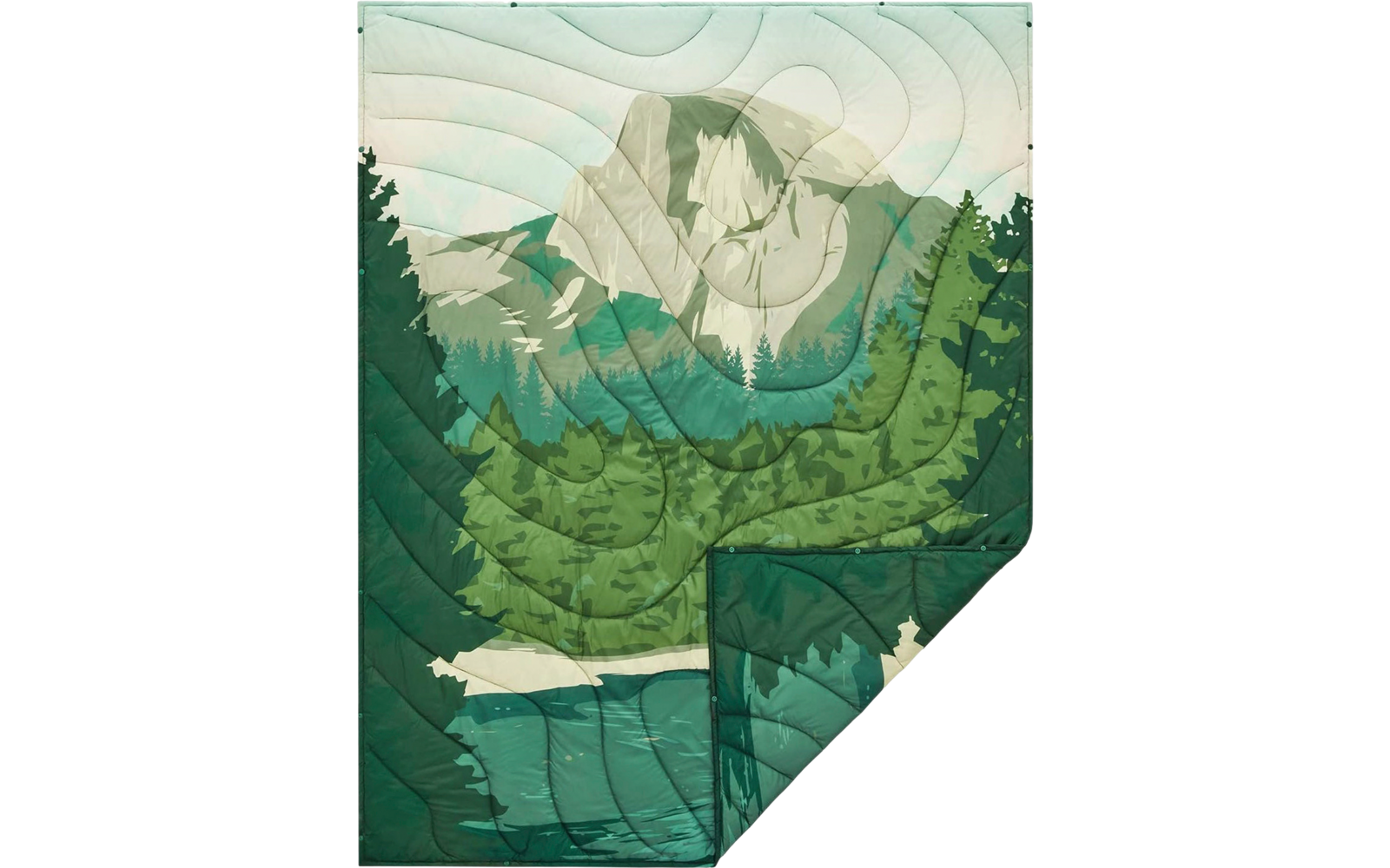 Illustration eines Wasserfalls in einem Wald mit Bergen im Hintergrund