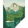 Illustration eines Wasserfalls in einem Wald mit Bergen im Hintergrund