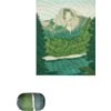 Eine grüne Illustration eines Waldes mit Bergen im Hintergrund und einem Fluss im Vordergrund