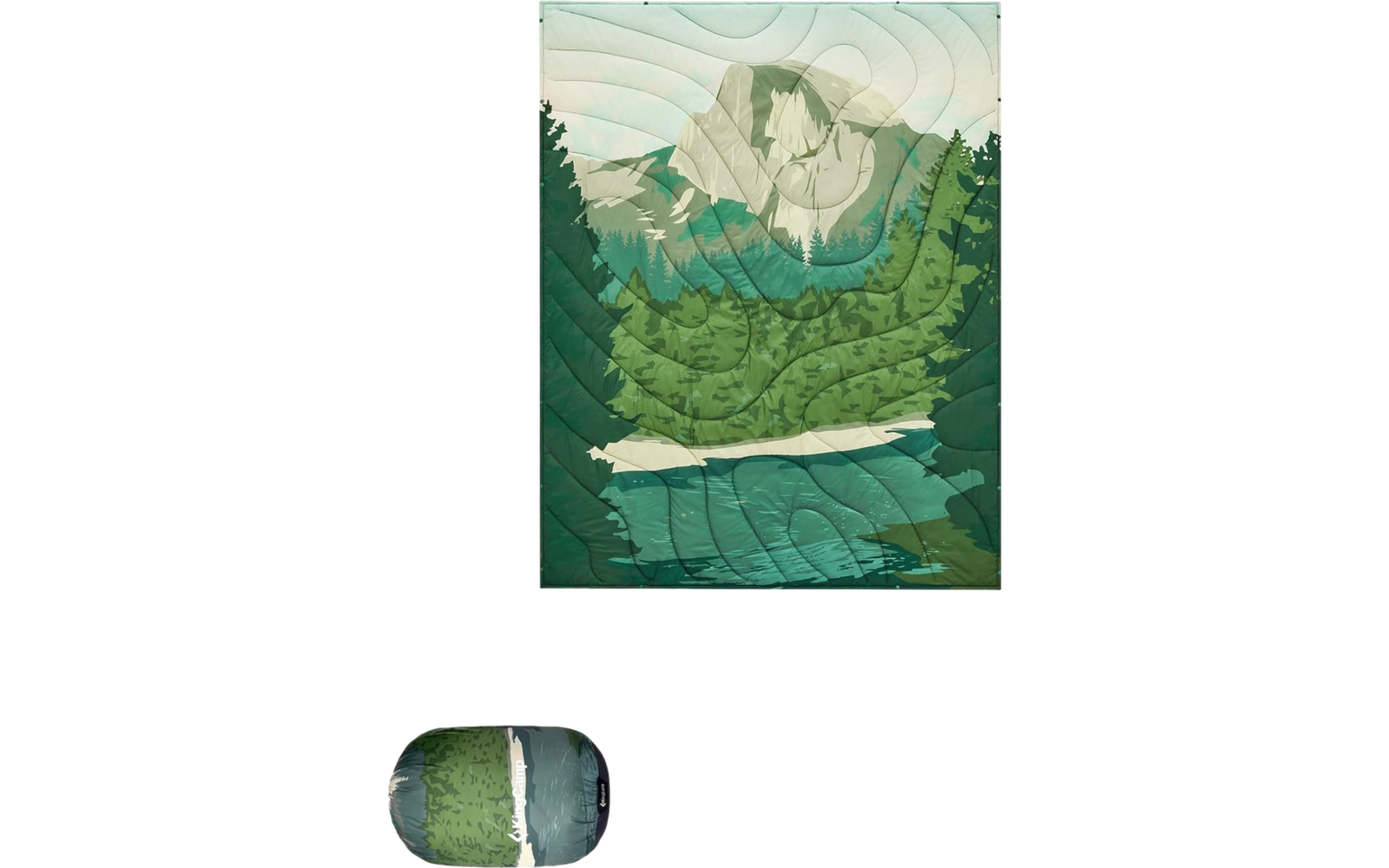 Eine grüne Illustration eines Waldes mit Bergen im Hintergrund und einem Fluss im Vordergrund