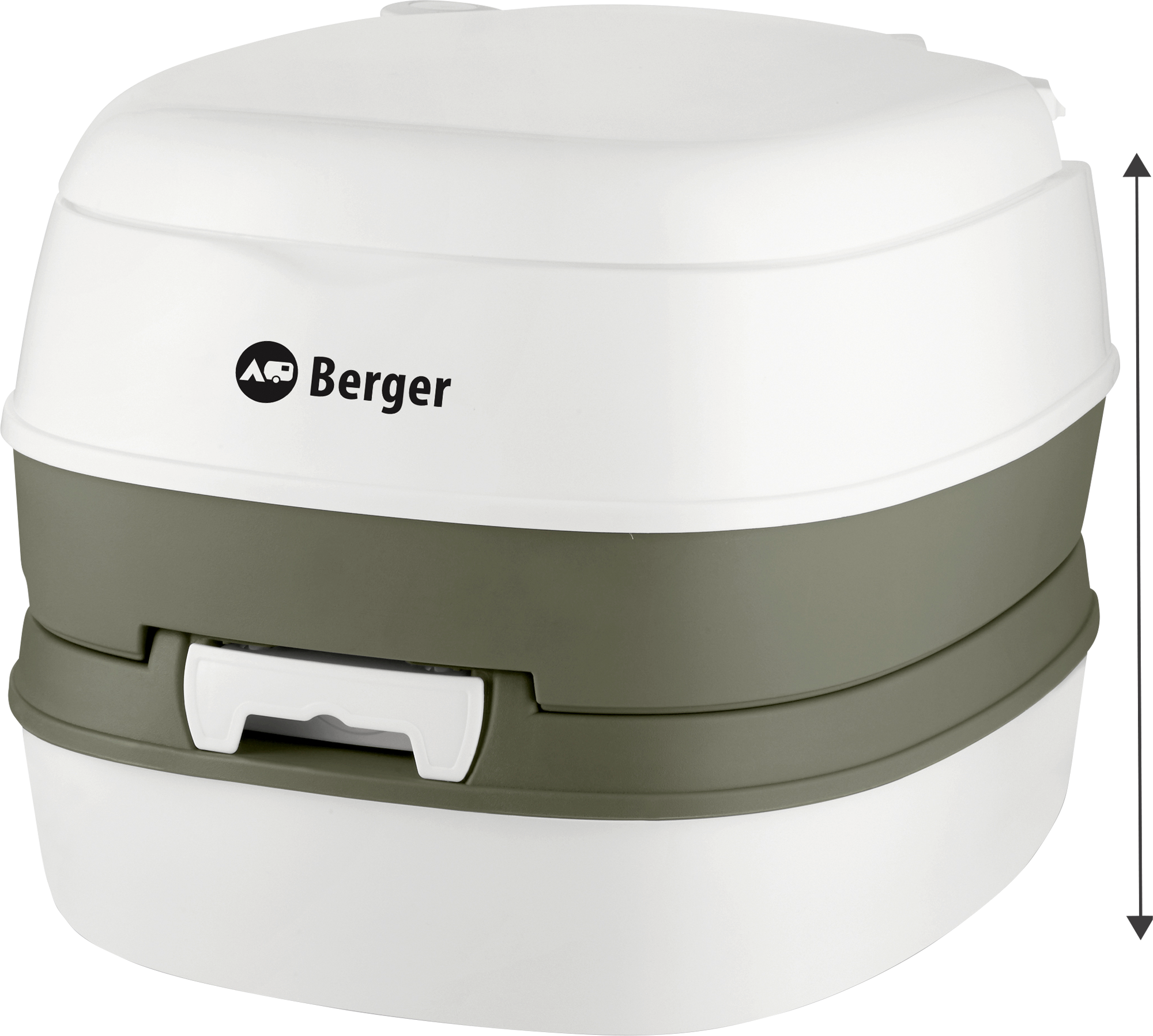 Weißes tragbares Camping-WC mit grauem Mittelteil und Deckel, seitliche Maße eingeblendet