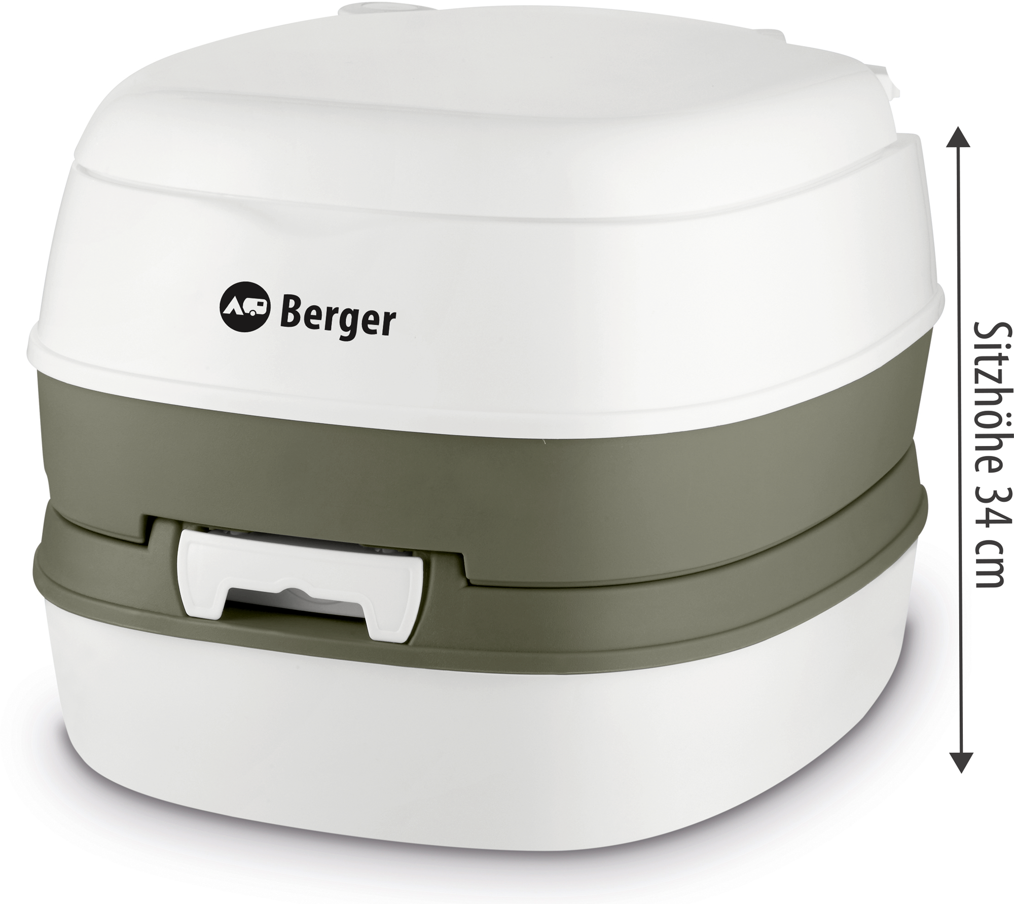 Toilettes de camping portables blanches avec partie centrale grise et couvercle, dimensions latérales affichées