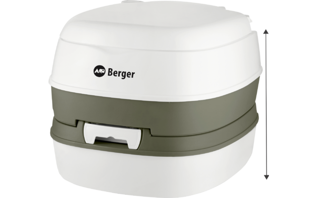 Weißes tragbares Camping-WC mit grauem Mittelteil und Deckel, seitliche Maße eingeblendet