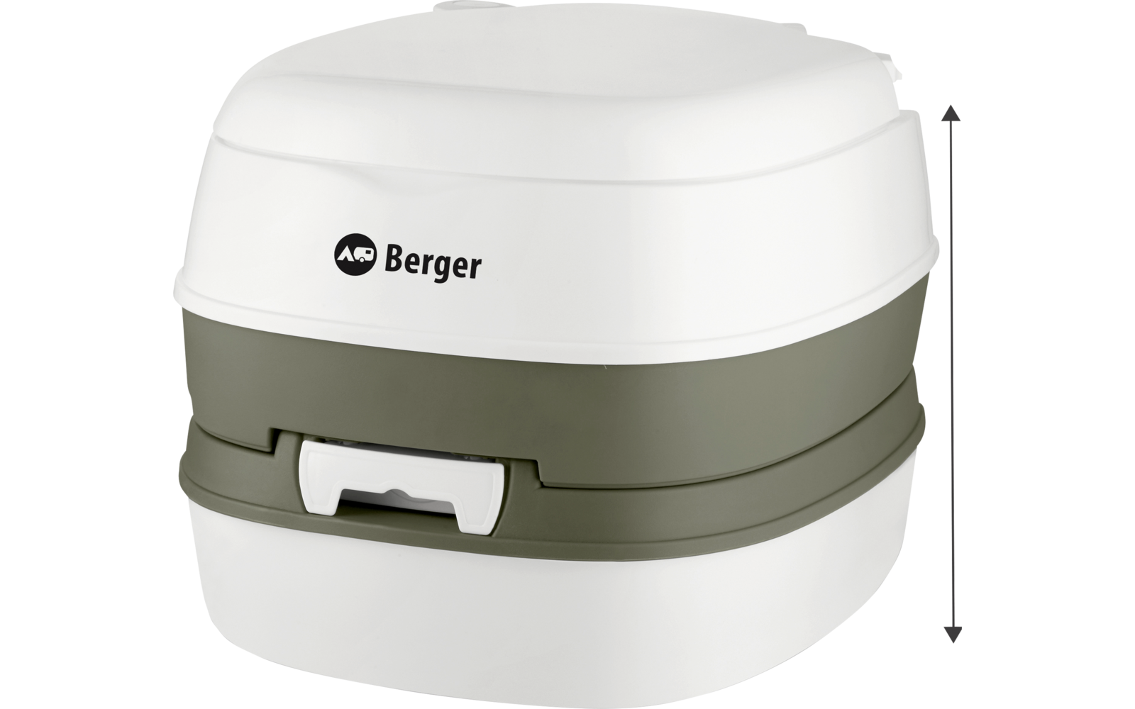 Weißes tragbares Camping-WC mit grauem Mittelteil und Deckel, seitliche Maße eingeblendet