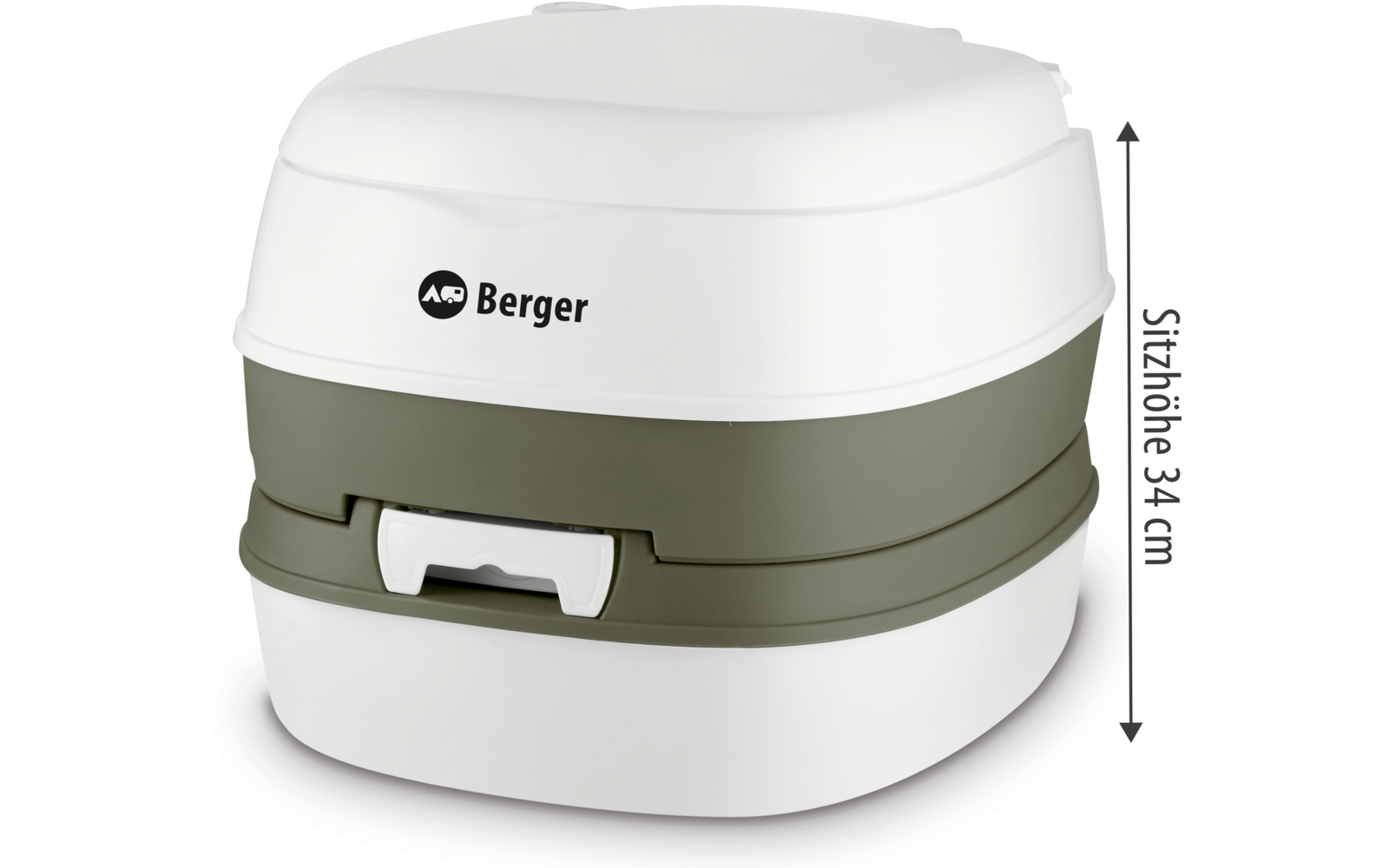 Toilettes de camping portables blanches avec partie centrale grise et couvercle, dimensions latérales affichées