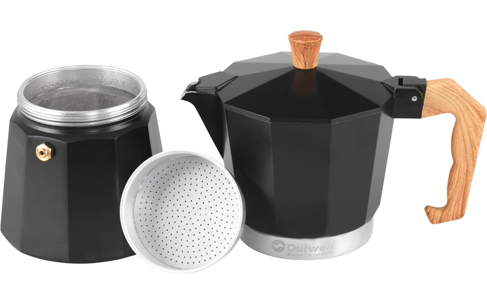 Zwarte espressomaker met houten handvat en twee metalen capsules