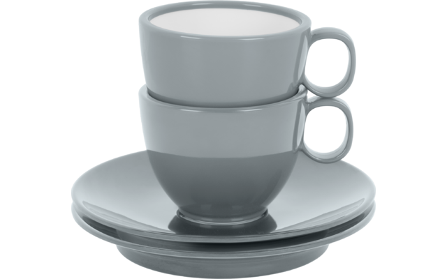 Zwei graue Tassen gestapelt auf zwei grauen Untertassen