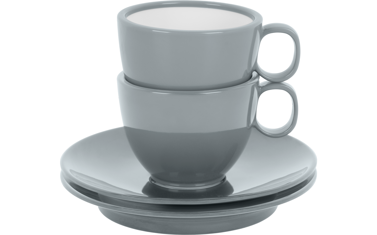 Zwei graue Tassen gestapelt auf zwei grauen Untertassen