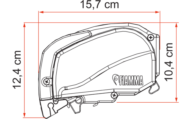 Dibujo técnico de un dispositivo de asa negro con patrones y medidas en centímetros