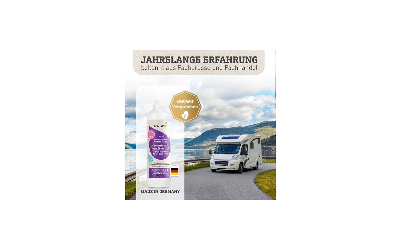 Links eine Produktflasche mit Markenname 'awiwa', goldener sechseckiger 'awiwa Versprechen'-Badge und deutscher Flagge; rechts weißes Wohnmobil auf einer Straße am See vor Bergen und wolkigem Himmel; oben Schriftzug 'JAHRELANGe ERFAHRUNG bekannt aus 