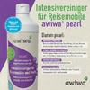 Plastikflasche mit weißem Schraubverschluss und lila Etikett; Aufdruck 'awiwa pearl' und 'Intensivreiniger für Reisemobile und Boote'; rechts helle Fläche mit Überschrift 'Intensivreiniger für Reisemobile' und mehreren Textblöcken; blaues Rundetikett
