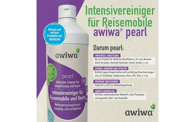 Plastikflasche mit weißem Schraubverschluss und lila Etikett; Aufdruck 'awiwa pearl' und 'Intensivreiniger für Reisemobile und Boote'; rechts helle Fläche mit Überschrift 'Intensivreiniger für Reisemobile' und mehreren Textblöcken; blaues Rundetikett