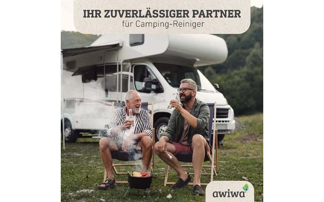 Zwei Männer sitzen auf Klappstühlen vor einem weißen Wohnmobil auf einer Wiese, Bäume im Hintergrund. Vor ihnen ein kleiner Grill mit Rauch; beide halten Becher. Oben Text ‚IHR ZUVERLÄSSIGER PARTNER für Camping-Reiniger‘, unten rechts Logo ‚awiwa‘