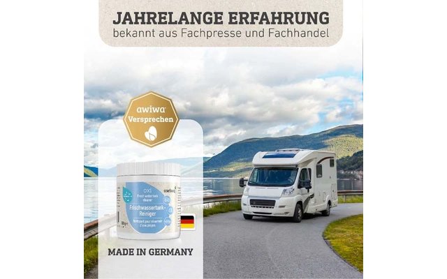 Weißes Wohnmobil auf einer Straße am See vor Bergen und wolkigem Himmel; links ein Produktbehälter mit goldener Plakette "awiwa Versprechen", Text "JAHRELANGE ERFAHRUNG bekannt aus Fachpresse und Fachhandel" oben und "MADE IN GERMANY" mit deutscher F