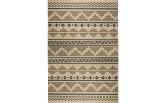 Beige vloerkleed met horizontale donkergroene geometrische patronen van trapachtige zigzags, driehoeken en kleine kruis- en ruitmotieven