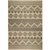 Beige vloerkleed met horizontale donkergroene geometrische patronen van trapachtige zigzags, driehoeken en kleine kruis- en ruitmotieven