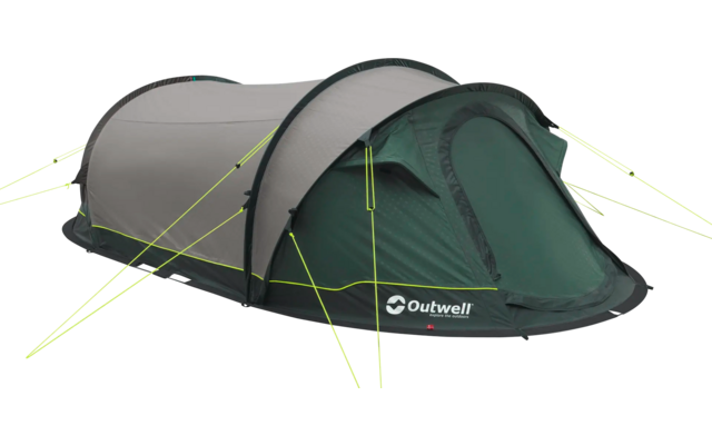 Grünes Campingzelt mit grauer Abdeckung auf weißem Hintergrund
