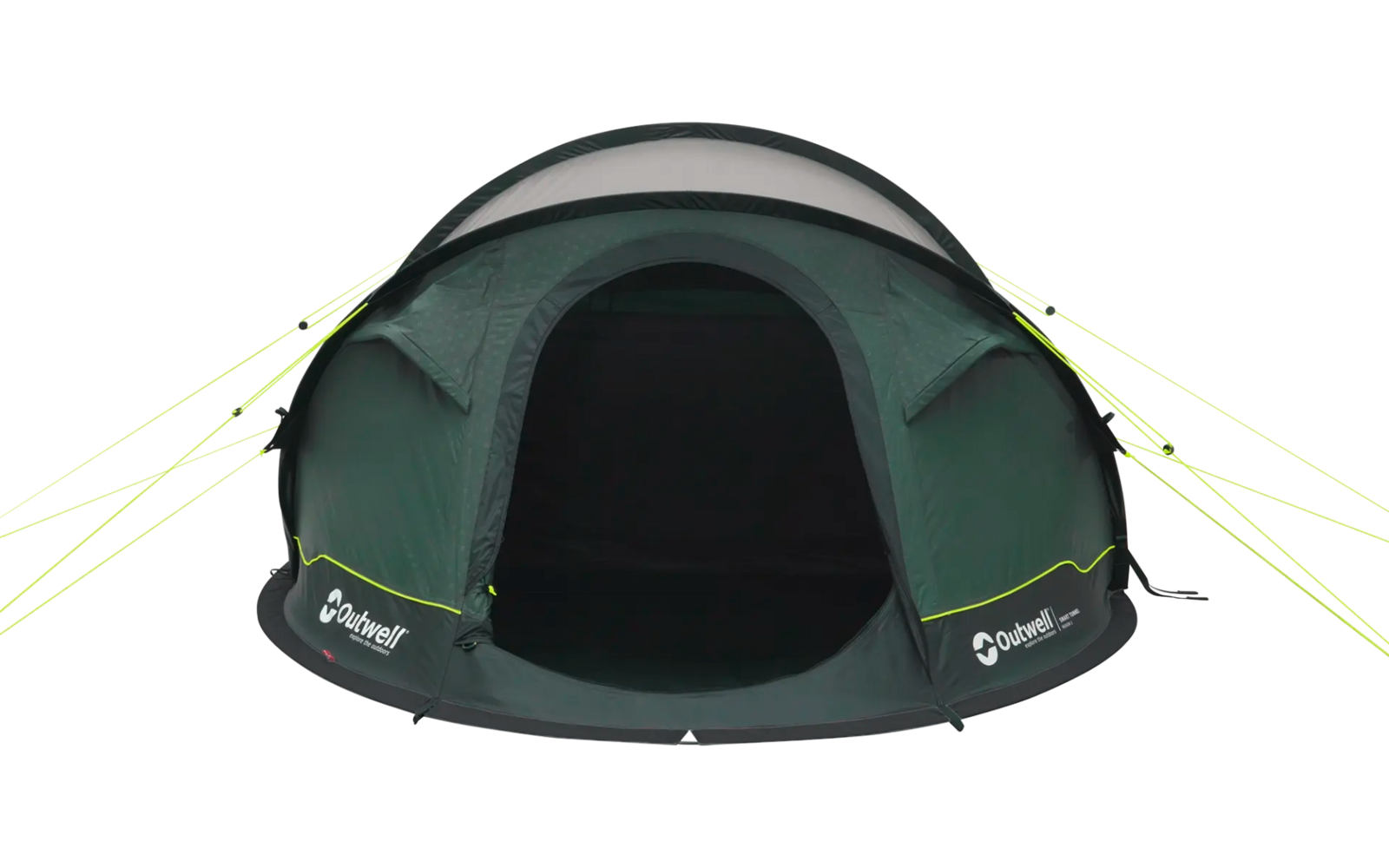 Grünes Campingzelt mit geöffnetem Eingang