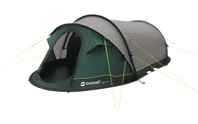 Grünes und graues Campingzelt auf weißem Hintergrund