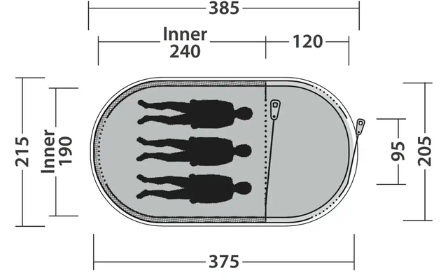 Technische Zeichnung mit Maßen eines rechteckigen Behälters mit runden Ecken und drei Flaschen darin