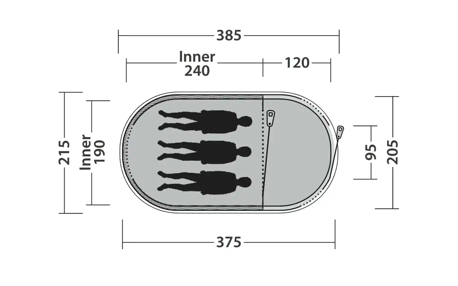 Technische Zeichnung mit Maßen eines rechteckigen Behälters mit runden Ecken und drei Flaschen darin