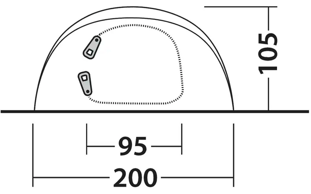 Technische Zeichnung eines halbrunden Objekts mit den Maßen 200 mm Breite, 95 mm Höhe und 105 mm Tiefe