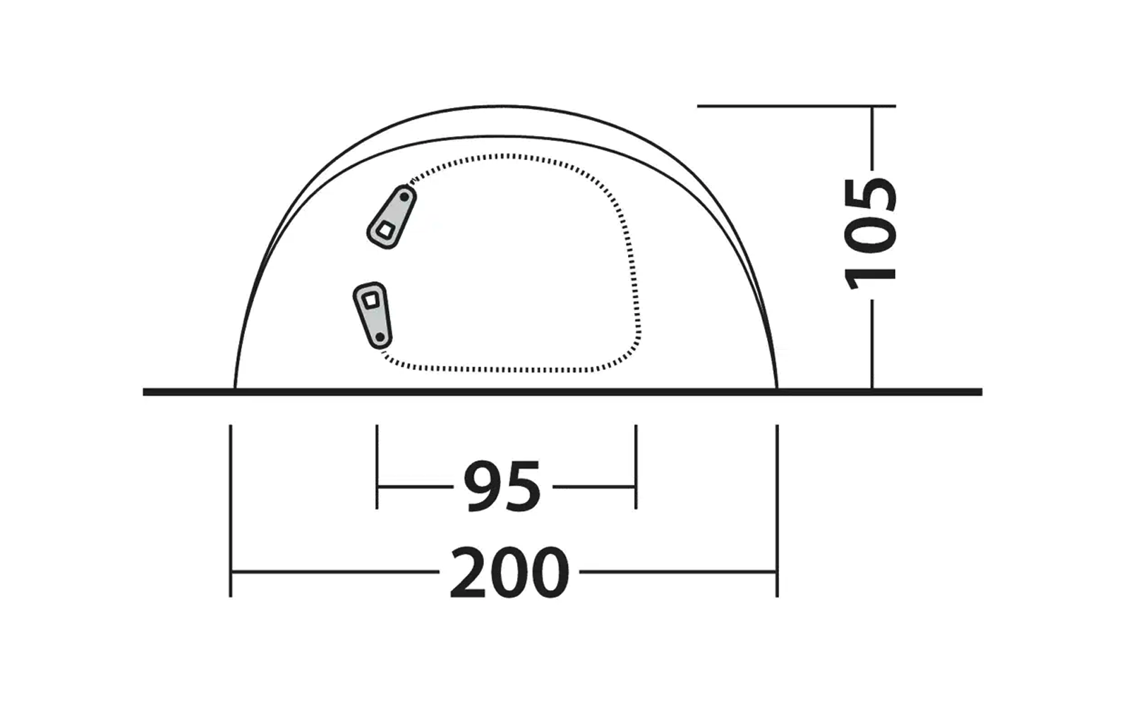 Technische Zeichnung eines halbrunden Objekts mit den Maßen 200 mm Breite, 95 mm Höhe und 105 mm Tiefe