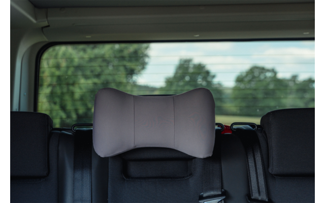Car rear seat with a gray pillow attached to the middle headrest, black seats, seat belts and blurred trees visible through the rear window