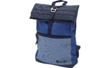 Blauer und dunkelblauer Rucksack mit aufgerolltem Deckel und schwarzem Tragegriff