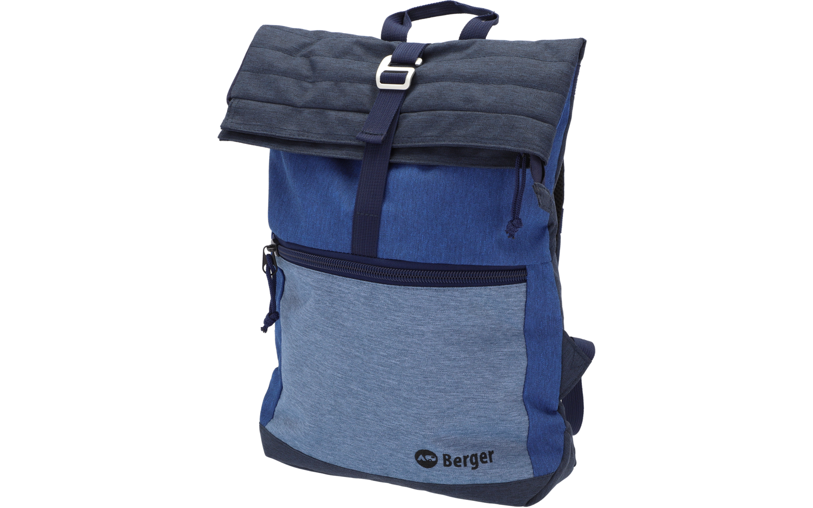 Blauer und dunkelblauer Rucksack mit aufgerolltem Deckel und schwarzem Tragegriff