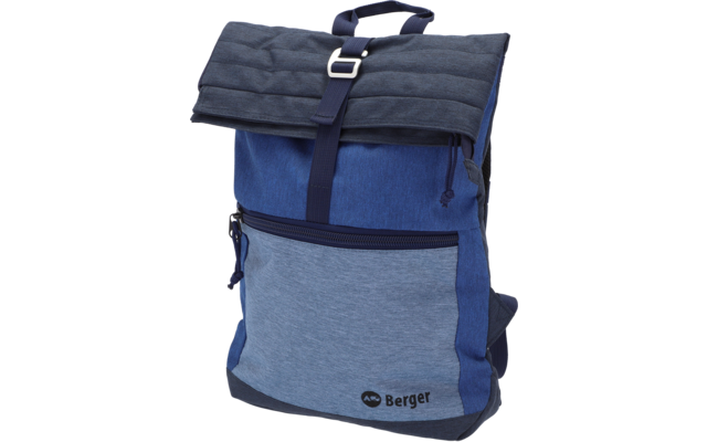 Blauer und dunkelblauer Rucksack mit aufgerolltem Deckel und schwarzem Tragegriff