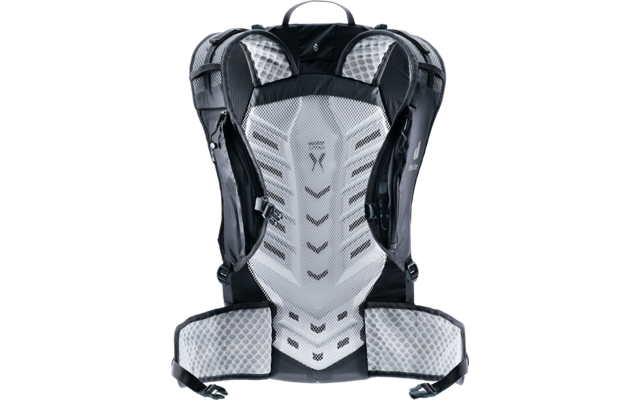 Rückenansicht eines schwarzen und grauen Rucksacks mit gepolsterten, belüfteten Schultergurten, gepolstertem Rückenpanel, Hüftgurt und Tragegriff oben