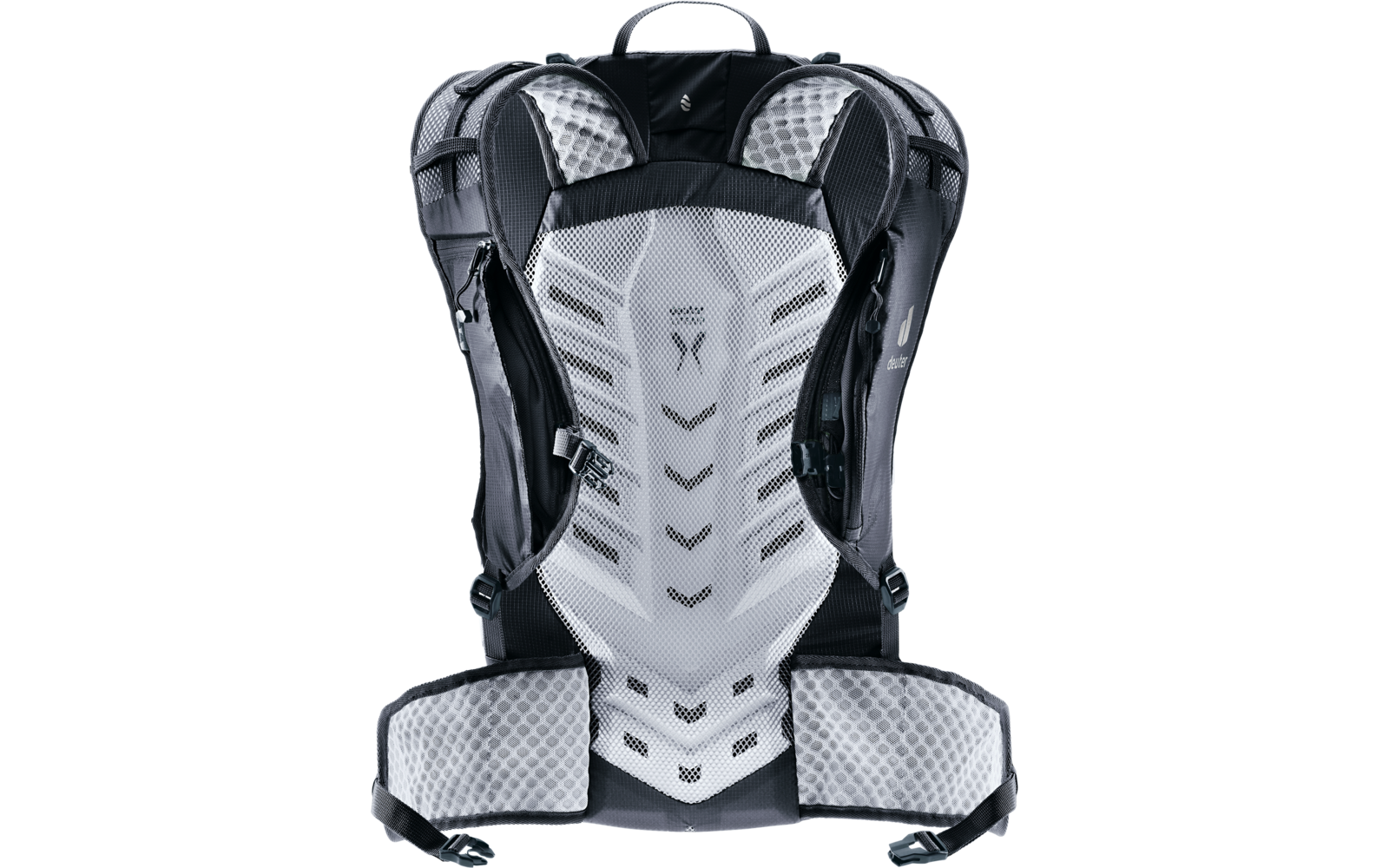 Rückenansicht eines schwarzen und grauen Rucksacks mit gepolsterten, belüfteten Schultergurten, gepolstertem Rückenpanel, Hüftgurt und Tragegriff oben