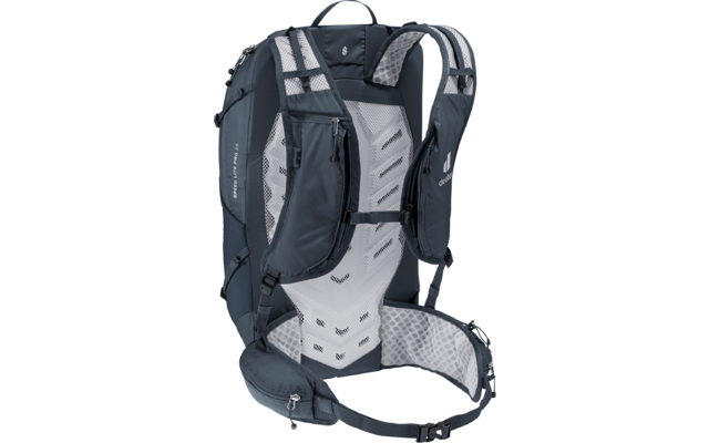 Blau-grauer Rucksack, gepolstertes, belüftetes Rückenpanel, gepolsterte Schulterträger, verstellbarer Brustgurt, Hüftgurt mit Reißverschlusstaschen, sichtbares Markenlogo