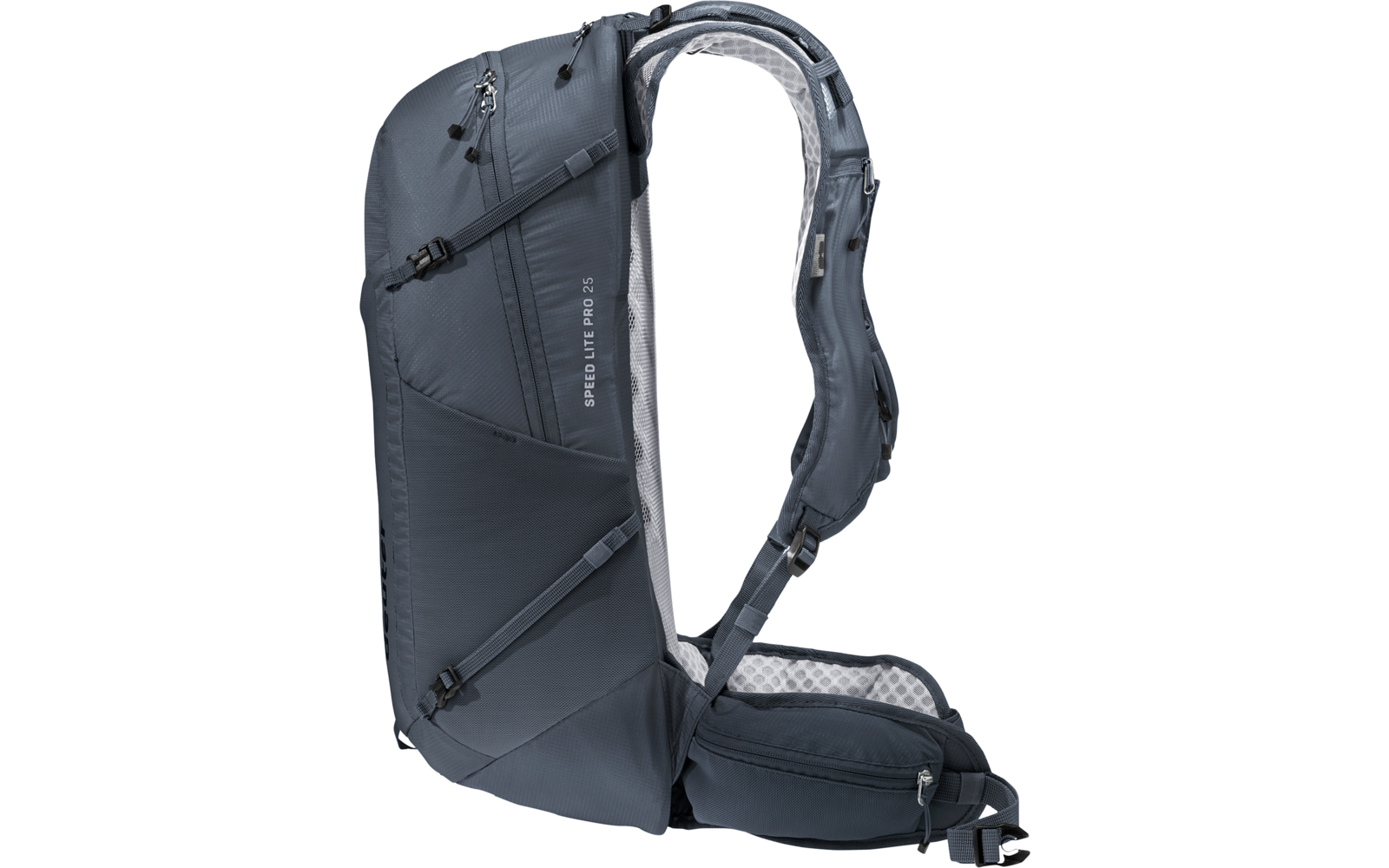 Seitliche Ansicht eines graublauen Rucksacks mit Hüftgurt, Schulterriemen, Reißverschlüssen und Kompressionsriemen