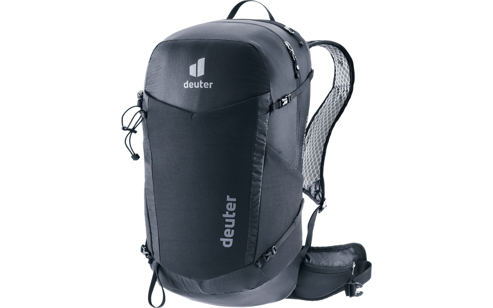 Dunkelgrauer Rucksack mit sichtbarem deuter-Logo auf der Vorderseite, zwei Schultergurte und Hüftgurt