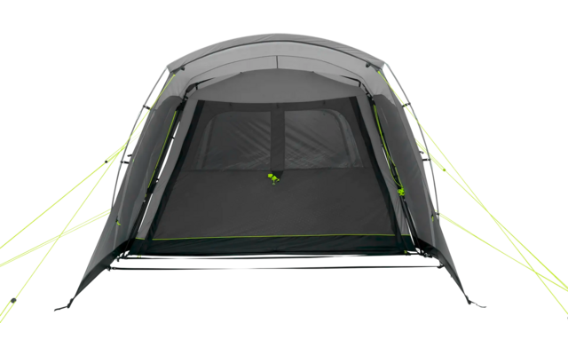 Hellgraues Zelt mit geöffnetem Eingang und grünen Abspannleinen