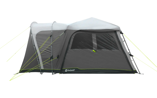 Graues Zelt mit transparentem Fenster und gelben Abspannleinen