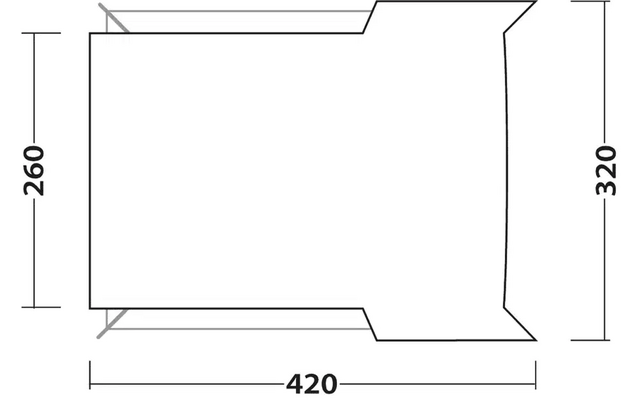 Technische Zeichnung eines rechteckigen Objekts mit den Maßen 420 x 320 x 260 Einheiten