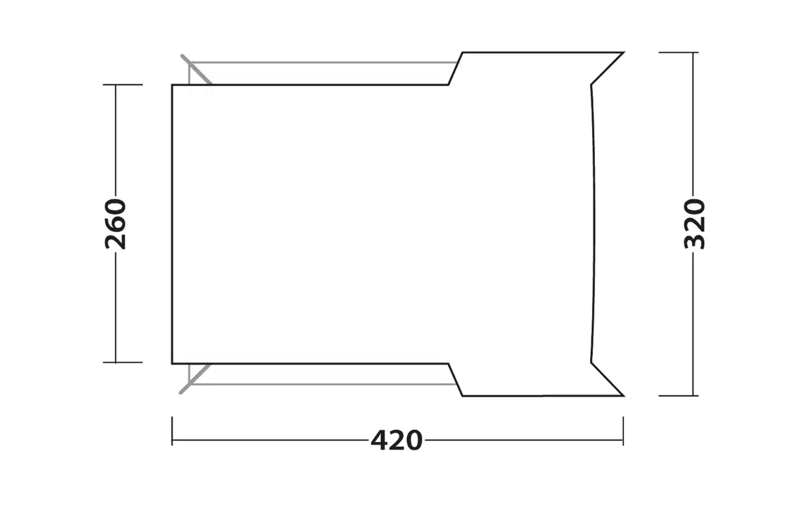 Technische Zeichnung eines rechteckigen Objekts mit den Maßen 420 x 320 x 260 Einheiten