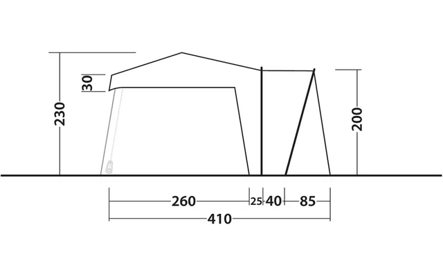 Seitenansicht eines Zeltes mit Maßen in Zentimetern