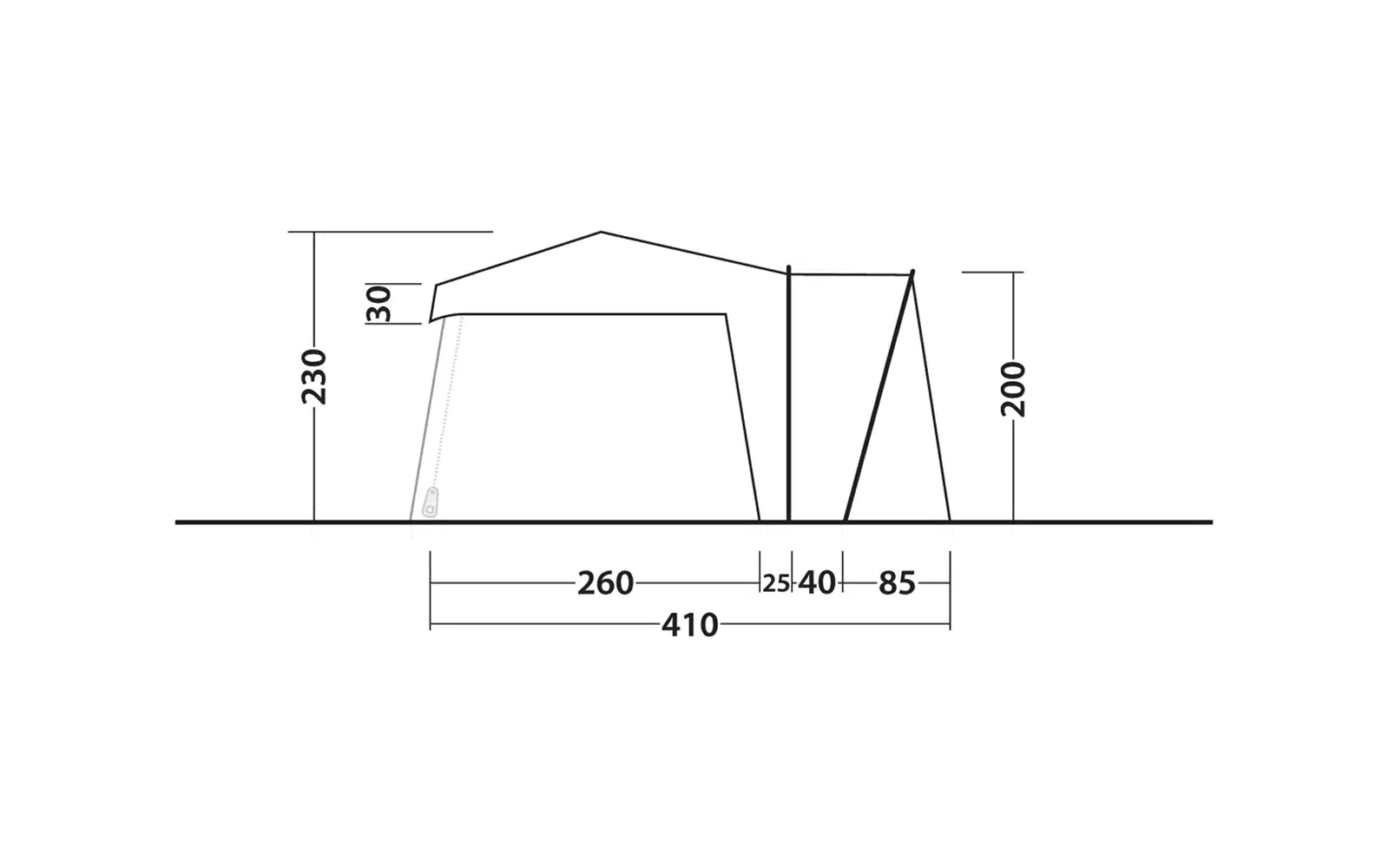 Seitenansicht eines Zeltes mit Maßen in Zentimetern