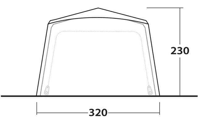 Skizze eines rechteckigen Zelts mit den Maßen 320 cm Breite und 230 cm Höhe