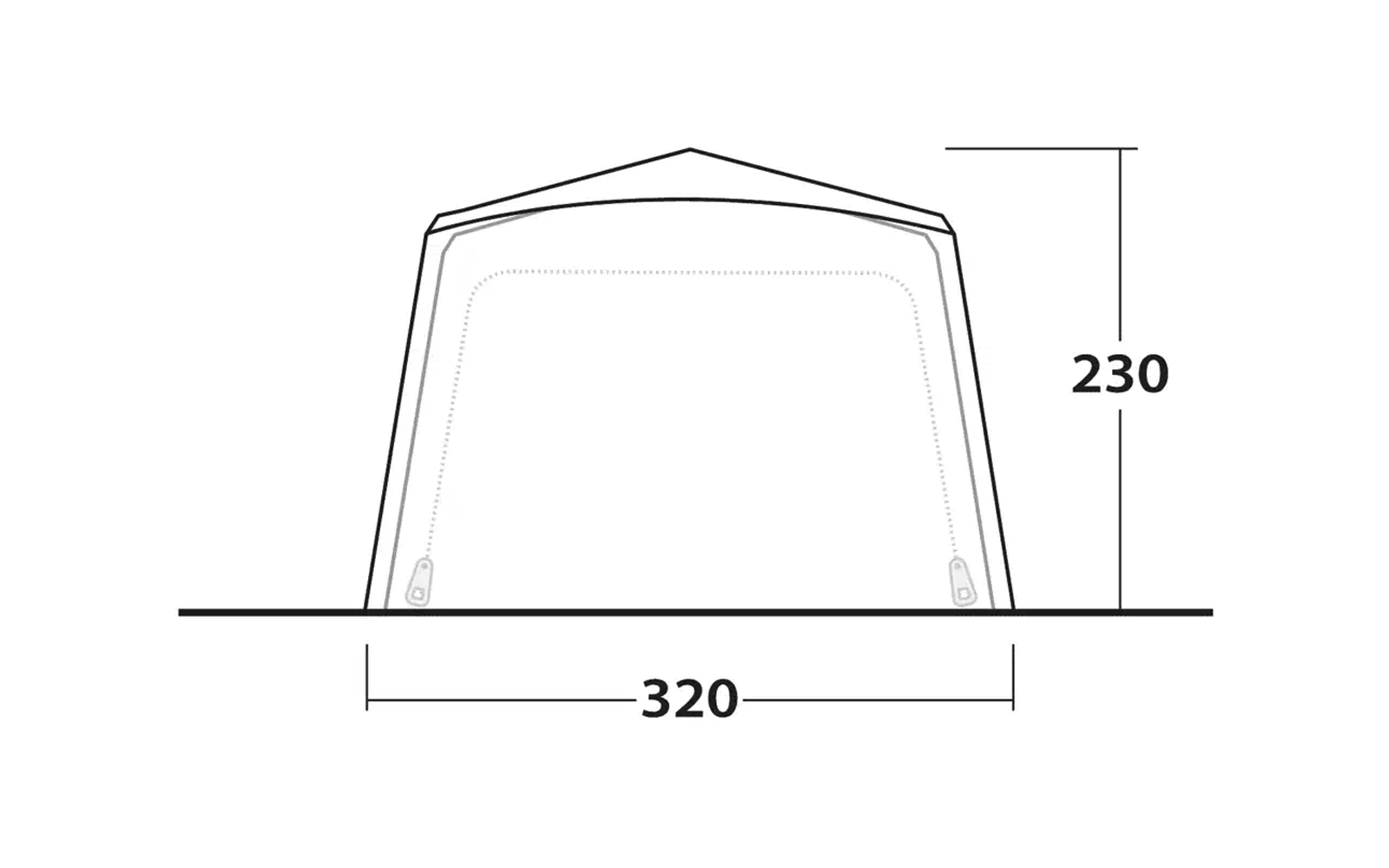 Skizze eines rechteckigen Zelts mit den Maßen 320 cm Breite und 230 cm Höhe