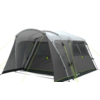 Gray camping tent with an extended front area and green guy lines